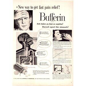 1952 Bufferin Antacid Analgesic Vintage Print Ad 50s Home Remedies Wall Art